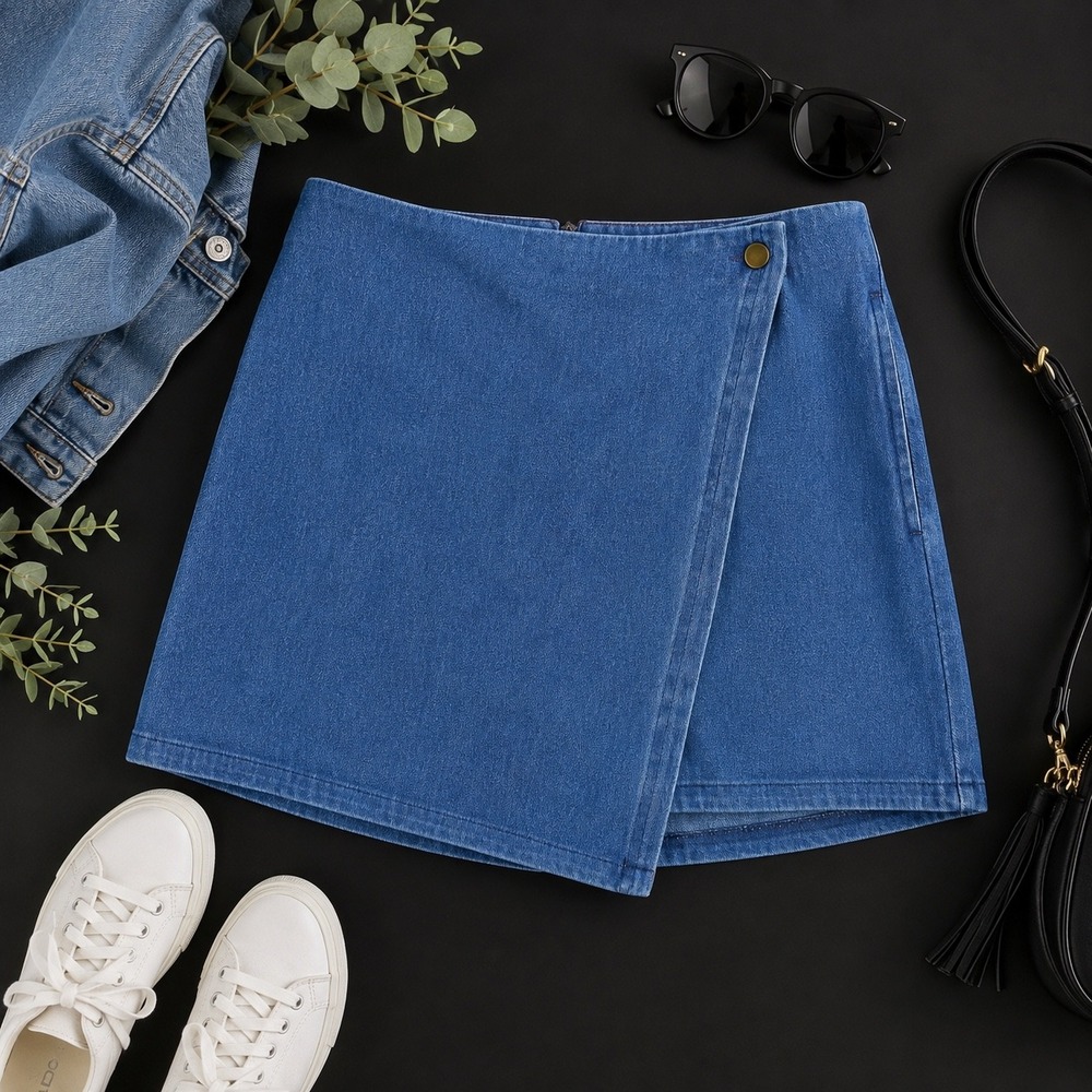 d&co Denim Skort Womens M Blue Jean Wrap Front Stretch Mini Skirt Shorts Y2K